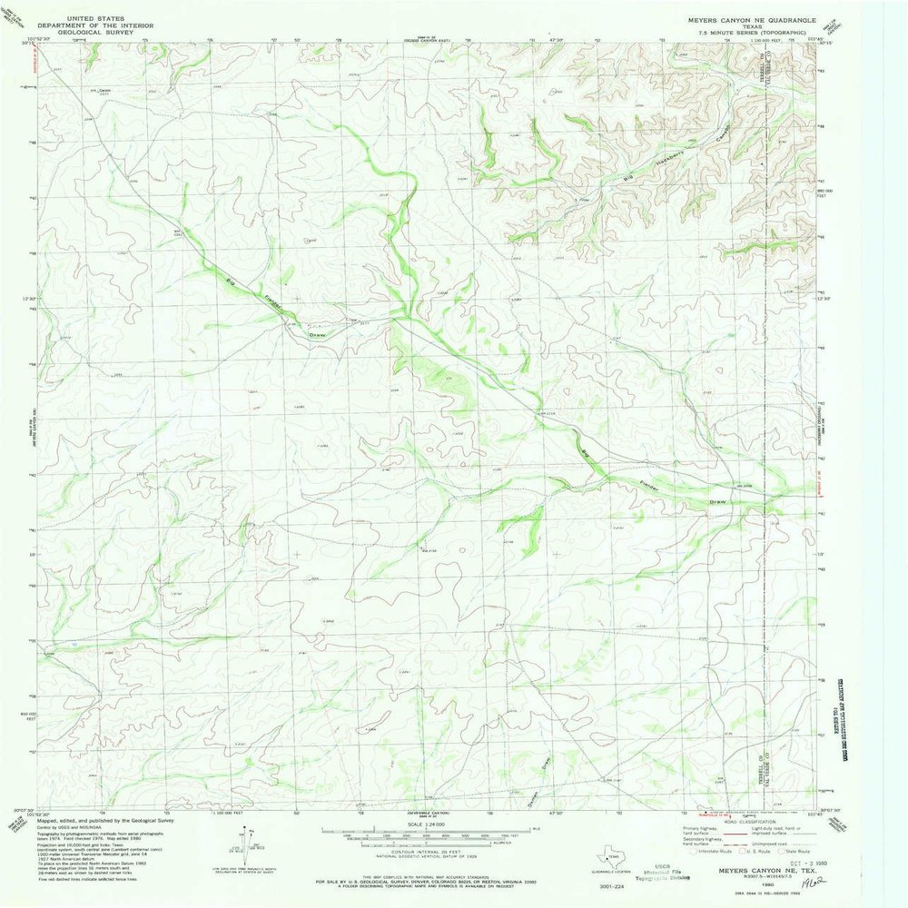 YellowMaps Meyers Canyon NE TX topo map, 1:24000 Scale, 7.5 X 7.5 Minute, Historical, 1980, Updated 1980, 27.1 x 23.2 in - Polypropylene