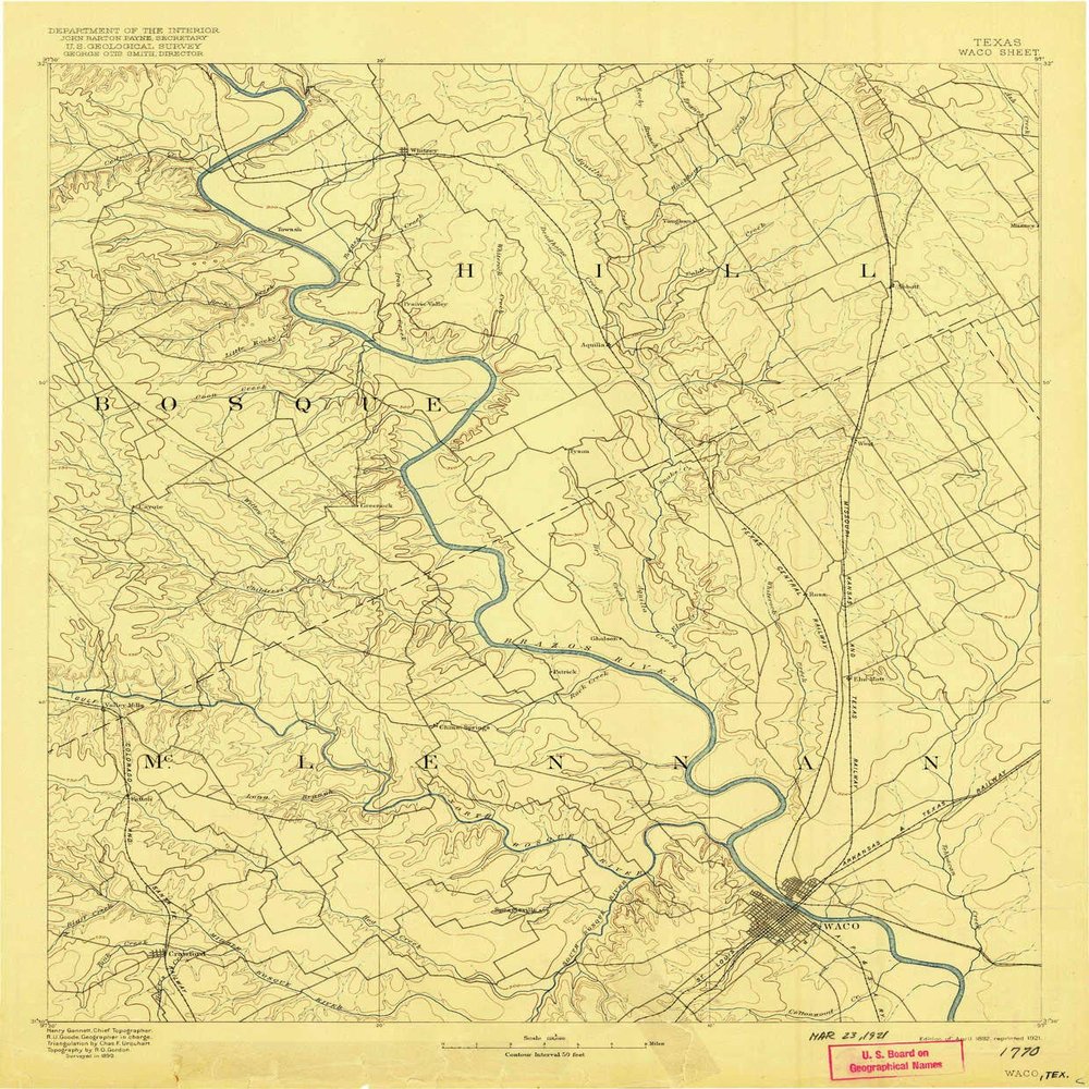 YellowMaps Waco TX topo map, 1:125000 Scale, 30 X 30 Minute, Historical, 1892, Updated 1921, 19.8 x 16.4 in - Polypropylene