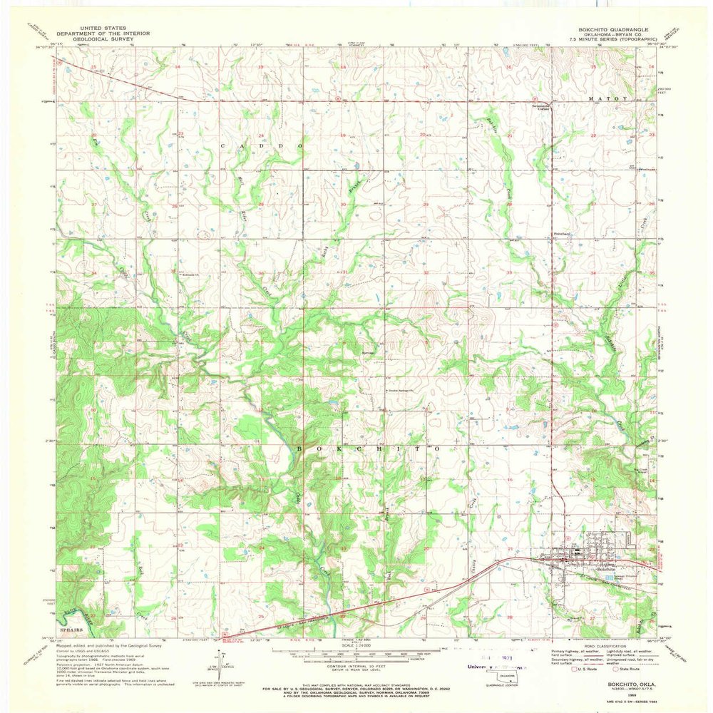 YellowMaps Bokchito OK topo map, 1:24000 Scale, 7.5 X 7.5 Minute, Historical, 1969, Updated 1971, 27.4 x 22.5 in - Polypropylene