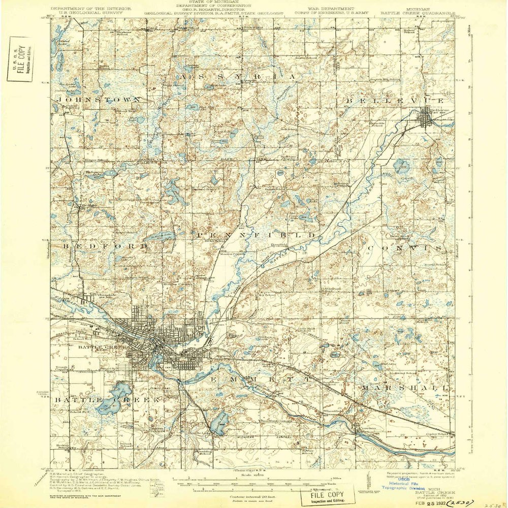 YellowMaps Battle Creek MI topo map, 1:62500 Scale, 15 X 15 Minute, Historical, 1918, Updated 1932, 19.7 x 16.3 in - Tyvek