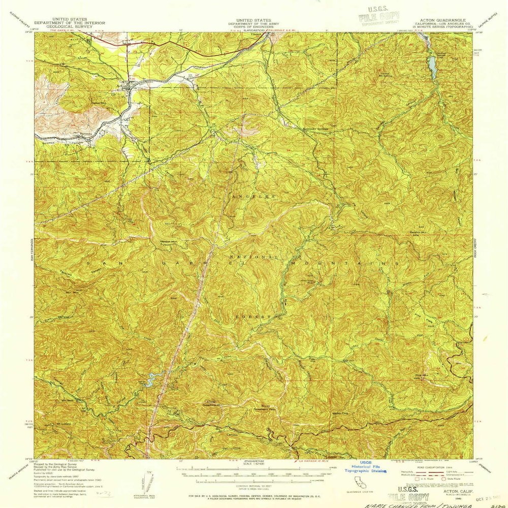 YellowMaps Acton CA topo map, 1:62500 Scale, 15 X 15 Minute, Historical, 1940, Updated 1955, 20.8 x 16.8 in - Tyvek