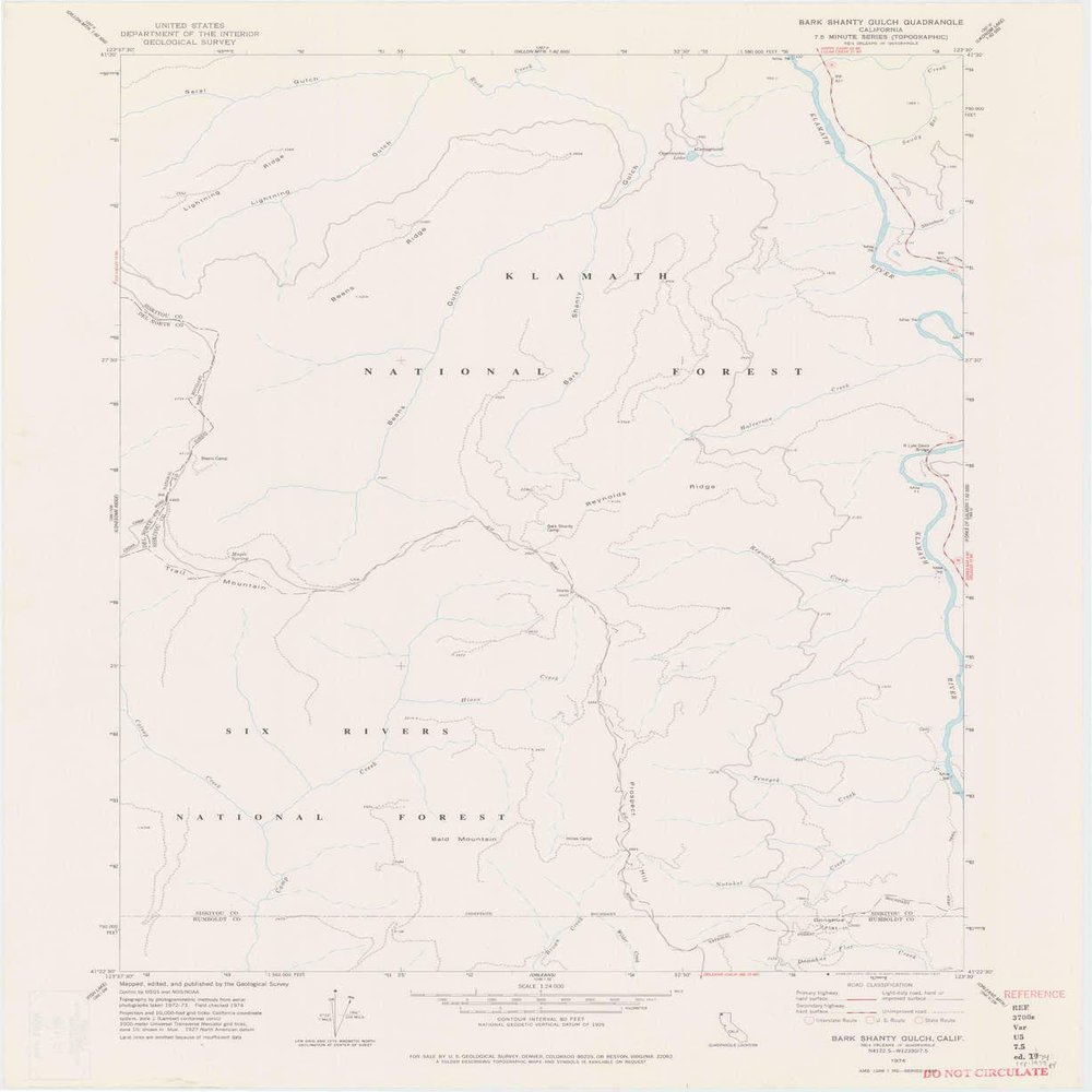 YellowMaps Bark Shanty Gulch CA topo map, 1:24000 Scale, 7.5 X 7.5 Minute, Historical, 1974, Updated 1977, 27 x 22.1 in - Polypropylene