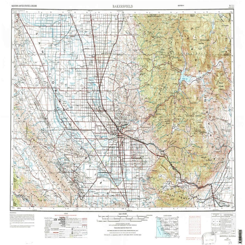 YellowMaps Bakersfield CA topo map, 1:250000 Scale, 1 X 2 Degree, Historical, 1962, Updated 1973, 22.2 x 32.2 in - Polypropylene