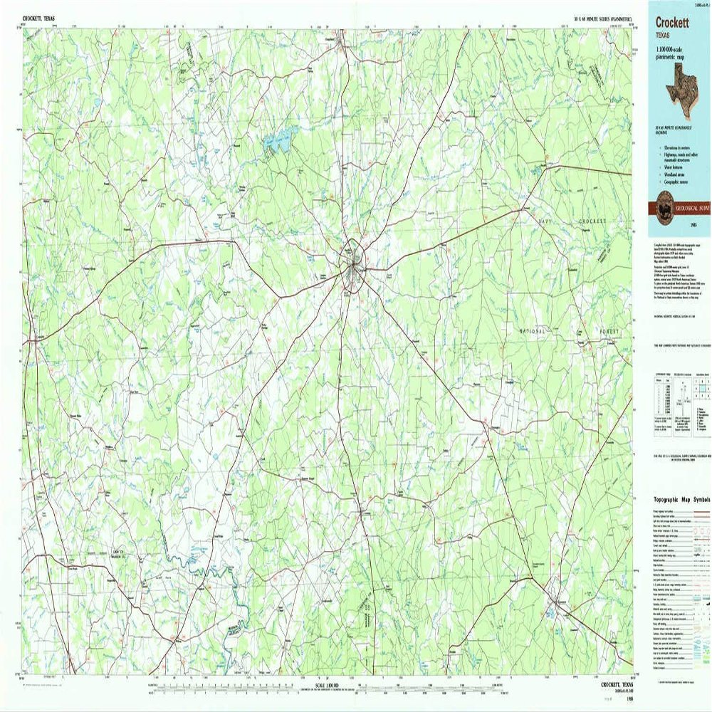 YellowMaps Crockett TX topo map, 1:100000 Scale, 30 X 60 Minute, Historical, 1985, Updated 1985, 24.1 x 43.8 in - Tyvek