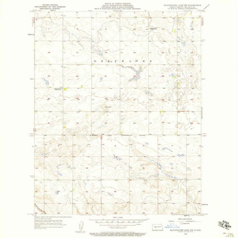 YellowMaps Blackwater Lake NW ND topo map, 1:24000 Scale, 7.5 X 7.5 Minute, Historical, 1956, Updated 1957, 26.8 x 22 in - Tyvek