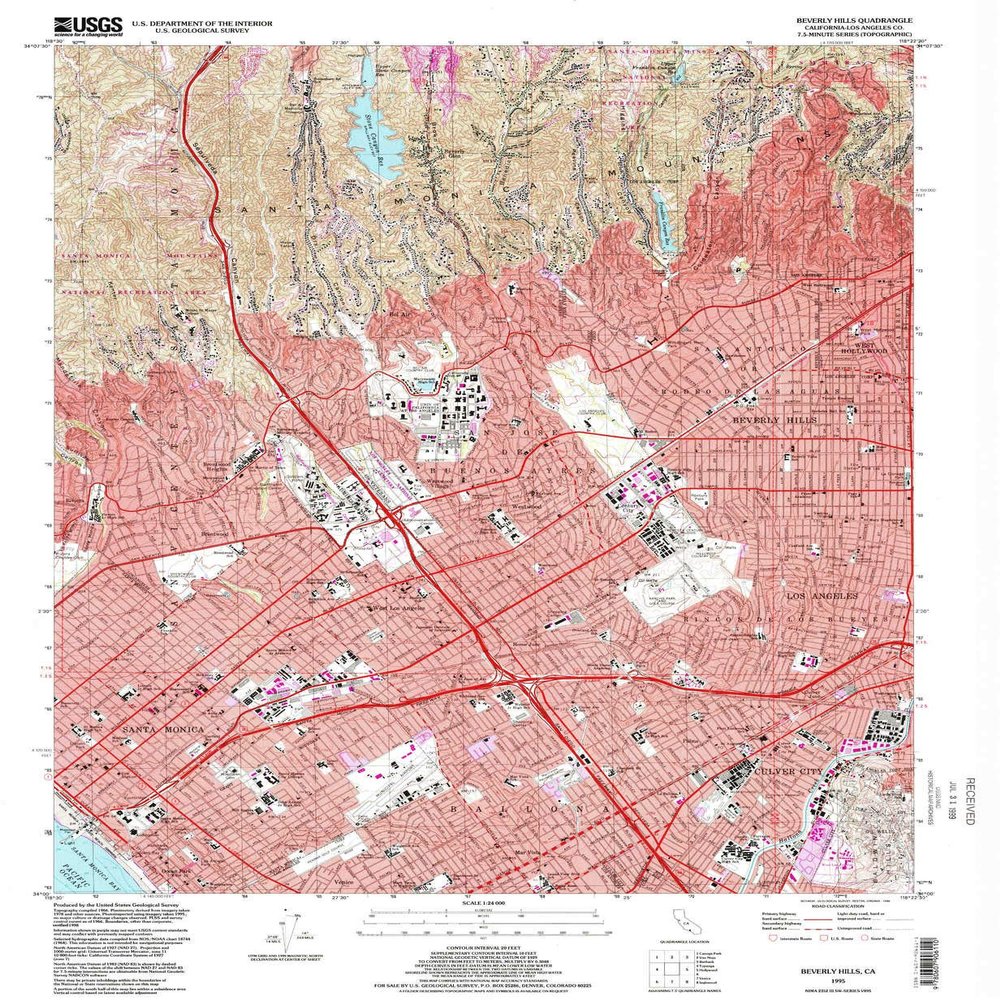 YellowMaps Beverly Hills CA topo map, 1:24000 Scale, 7.5 X 7.5 Minute, Historical, 1995, Updated 1999, 26.8 x 22 in - Polypropylene