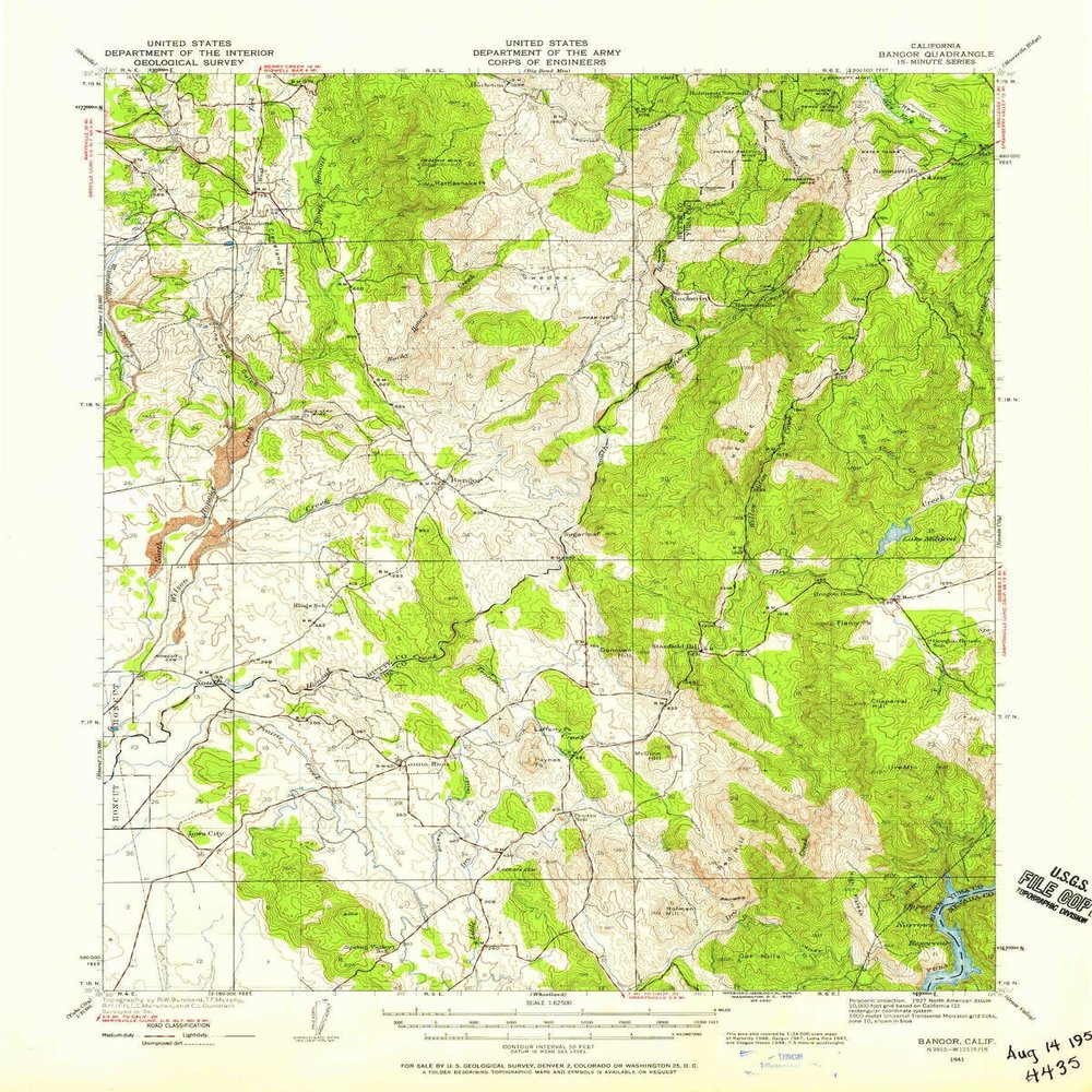 YellowMaps Bangor CA topo map, 1:62500 Scale, 15 X 15 Minute, Historical, 1941, Updated 1958, 20.8 x 16.6 in - Polypropylene