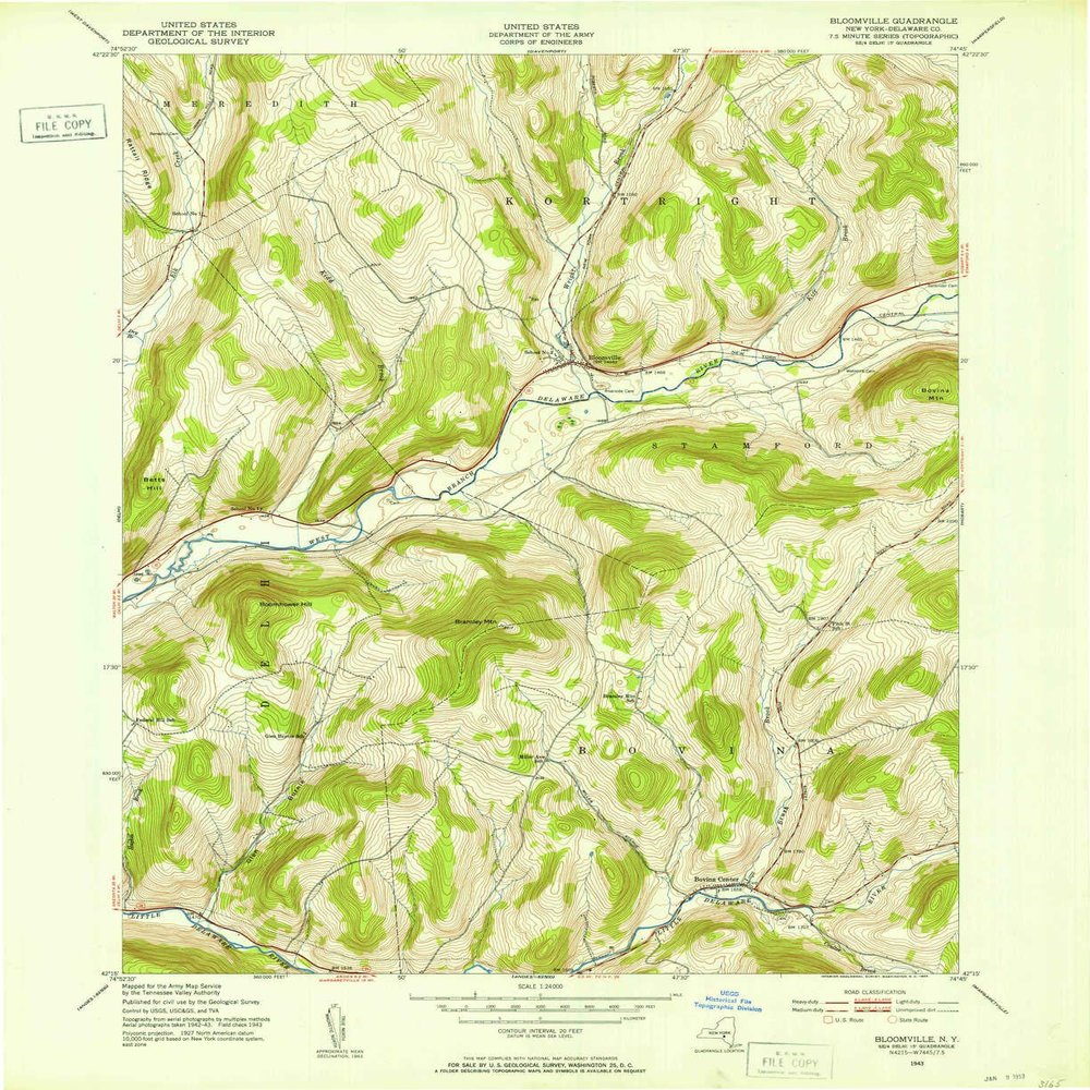 YellowMaps Bloomville NY topo map, 1:24000 Scale, 7.5 X 7.5 Minute, Historical, 1943, Updated 1971, 26.9 x 22 in - Polypropylene
