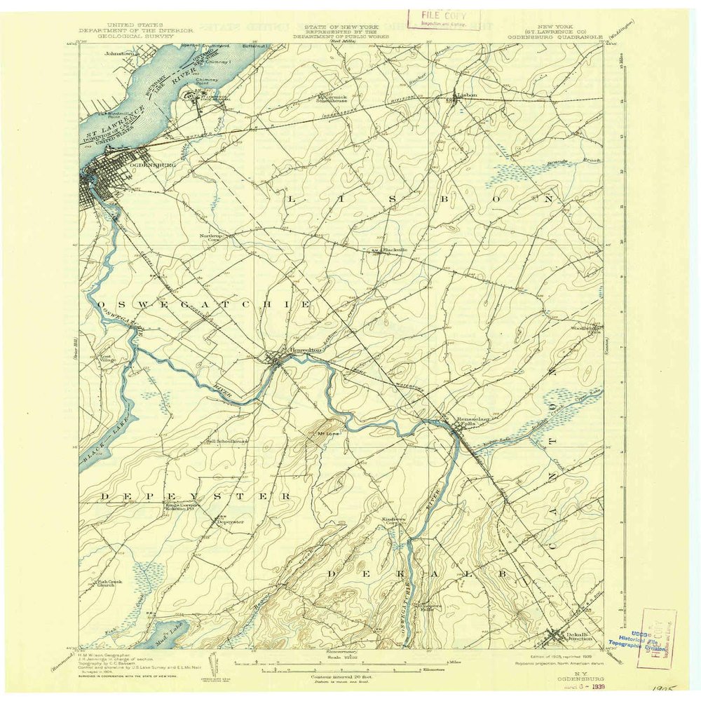 YellowMaps Ogdensburg NY topo map, 1:62500 Scale, 15 X 15 Minute, Historical, 1905, Updated 1939, 20.1 x 16.6 in - Polypropylene