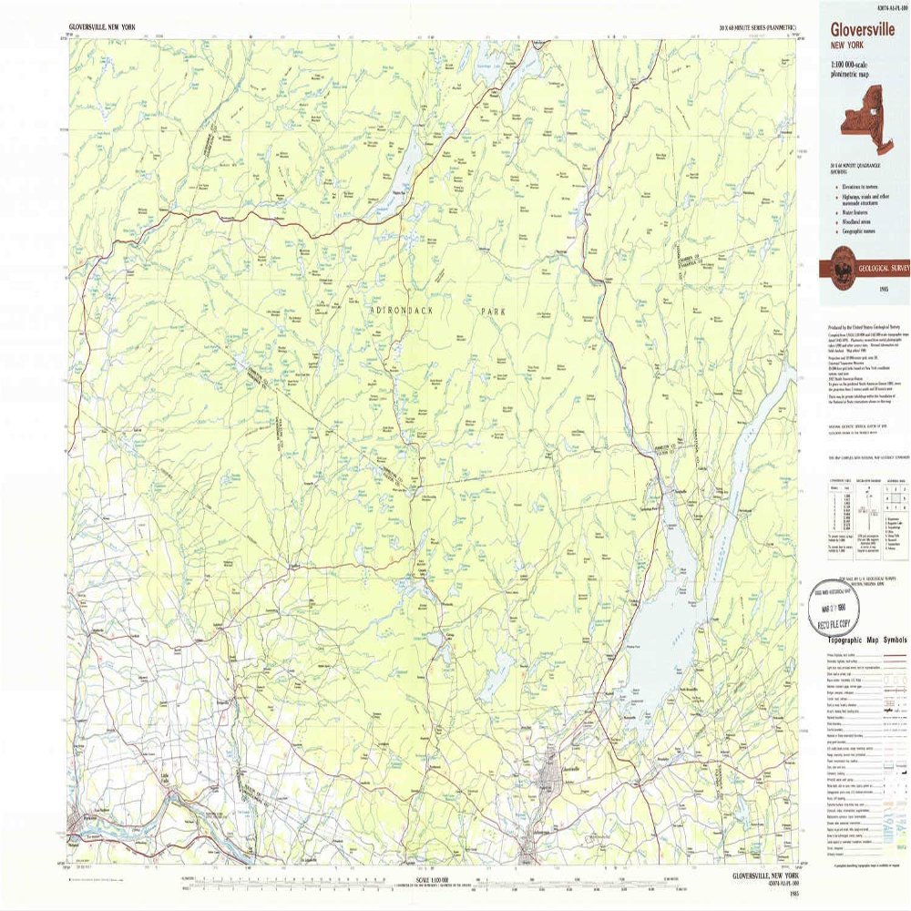 YellowMaps Gloversville NY topo map, 1:100000 Scale, 30 X 60 Minute, Historical, 1985, Updated 1986, 24.1 x 40 in - Polypropylene