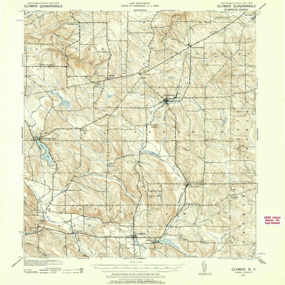 YellowMaps Clymer NY topo map, 1:62500 Scale, 15 X 15 Minute, Historical, 1939, Updated 1957, 20.5 x 16.3 in - Tyvek