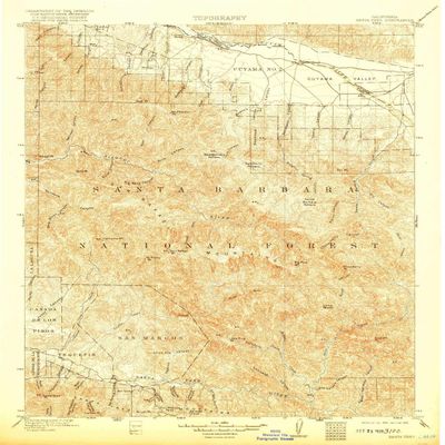 YellowMaps Santa Ynez CA topo map, 1:125000 Scale, 30 X 30 Minute, Historical, 1905, Updated 1920, 19.8 x 16.5 in - Polypropylene