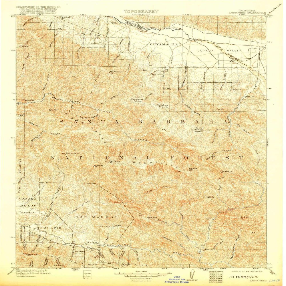 YellowMaps Santa Ynez CA topo map, 1:125000 Scale, 30 X 30 Minute, Historical, 1905, Updated 1920, 19.8 x 16.5 in - Polypropylene