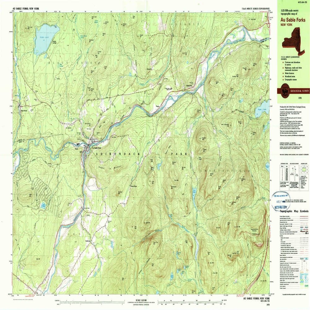 YellowMaps Au Sable Forks NY topo map, 1:25000 Scale, 7.5 X 15 Minute, Historical, 1978, Updated 1990, 24 x 37.8 in - Polypropylene