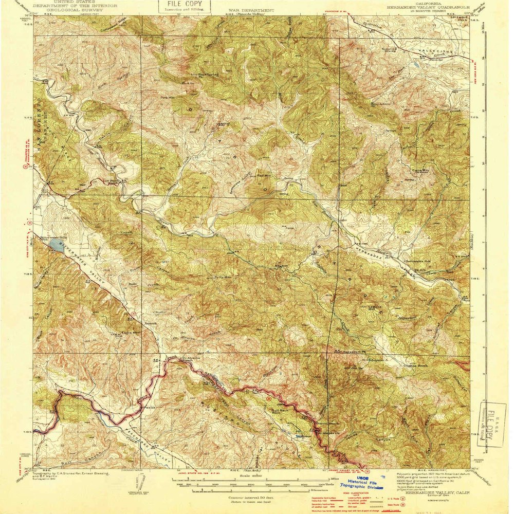 YellowMaps Hernandez Valley CA topo map, 1:62500 Scale, 15 X 15 Minute, Historical, 1944, 19.8 x 16.6 in - Polypropylene