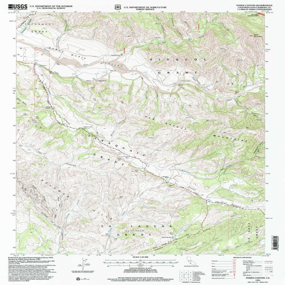 YellowMaps Foxen Canyon CA topo map, 1:24000 Scale, 7.5 X 7.5 Minute, Historical, 1995, Updated 2000, 26.8 x 21.4 in - Polypropylene