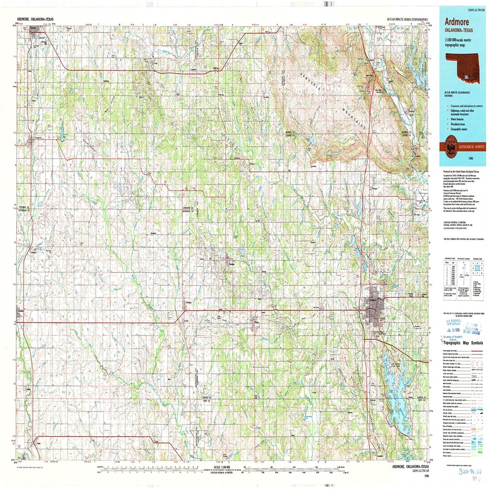 YellowMaps Ardmore OK topo map, 1:100000 Scale, 30 X 60 Minute, Historical, 1986, Updated 1990, 24.7 x 43.2 in - Polypropylene