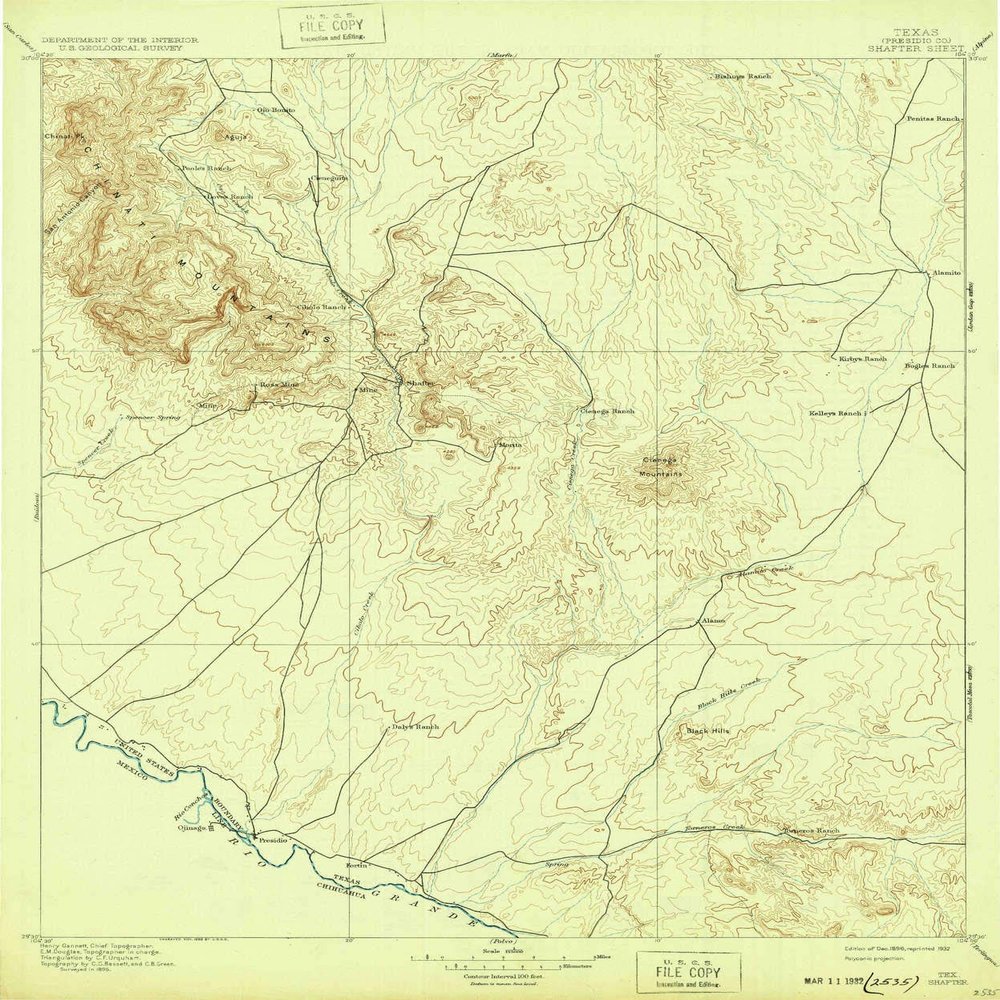YellowMaps Shafter TX topo map, 1:125000 Scale, 30 X 30 Minute, Historical, 1896, Updated 1932, 19.9 x 16.5 in - Tyvek