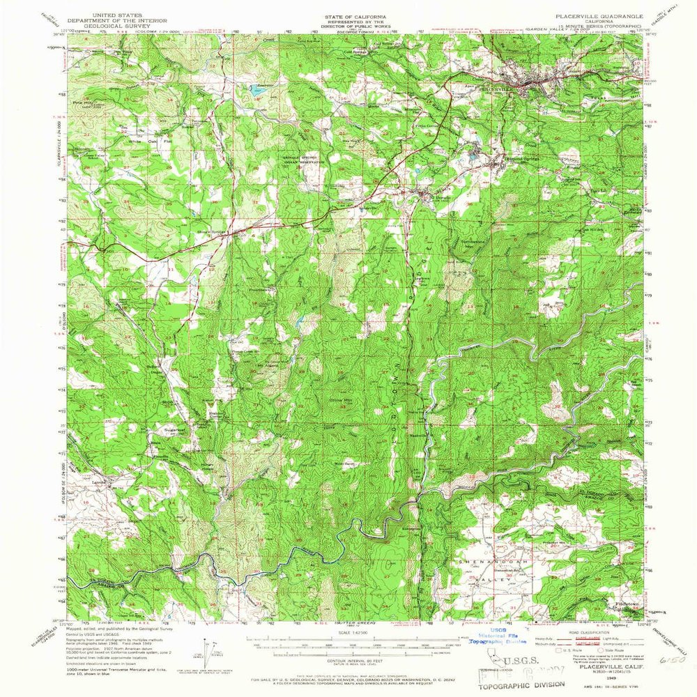 YellowMaps Placerville CA topo map, 1:62500 Scale, 15 X 15 Minute, Historical, 1949, Updated 1966, 20.8 x 16.6 in - Polypropylene