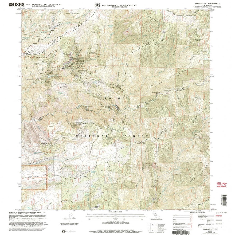 YellowMaps Alleghany CA topo map, 1:24000 Scale, 7.5 X 7.5 Minute, Historical, 2000, Updated 2003, 26.6 x 21.9 in - Polypropylene