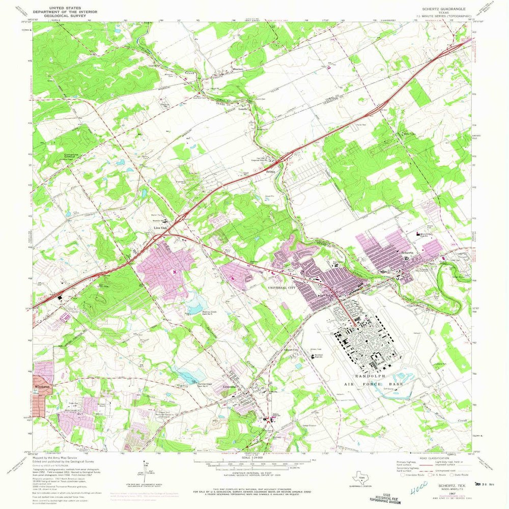 YellowMaps Schertz TX topo map, 1:24000 Scale, 7.5 X 7.5 Minute, Historical, 1967, Updated 1975, 26.9 x 23 in - Polypropylene