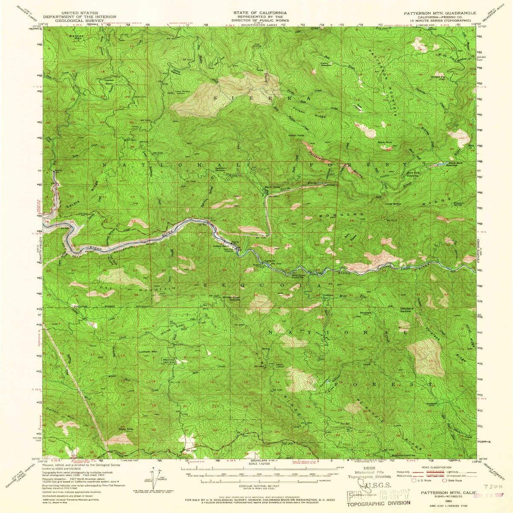 YellowMaps Patterson Mountain CA topo map, 1:62500 Scale, 15 X 15 Minute, Historical, 1952, Updated 1967, 20.7 x 16.6 in - Polypropylene