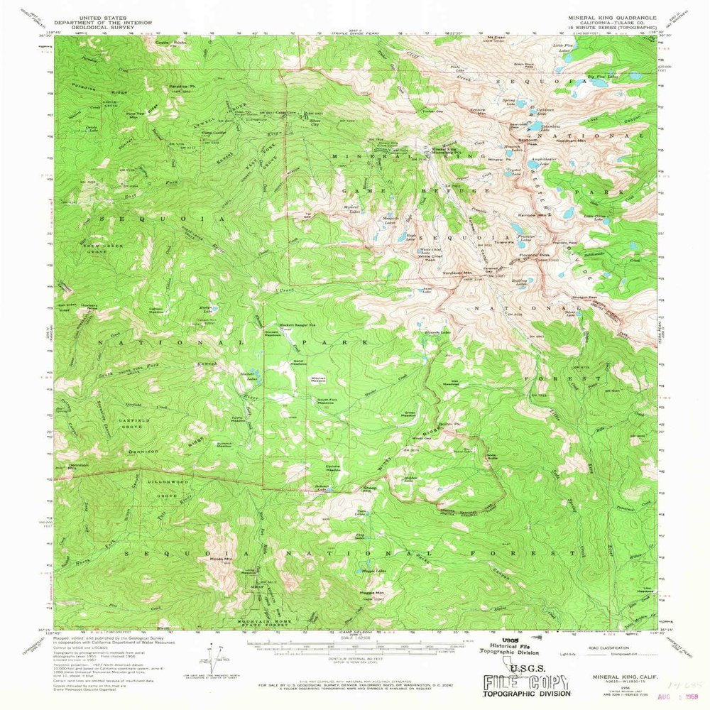 YellowMaps Mineral King CA topo map, 1:62500 Scale, 15 X 15 Minute, Historical, 1967, Updated 1968, 20.9 x 16.6 in - Polypropylene
