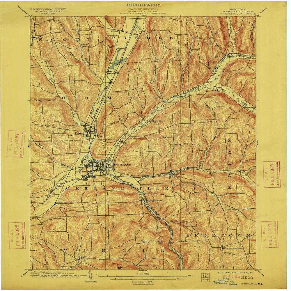 YellowMaps Cortland NY topo map, 1:62500 Scale, 15 X 15 Minute, Historical, 1903, Updated 1911, 20.1 x 16.6 in - Tyvek