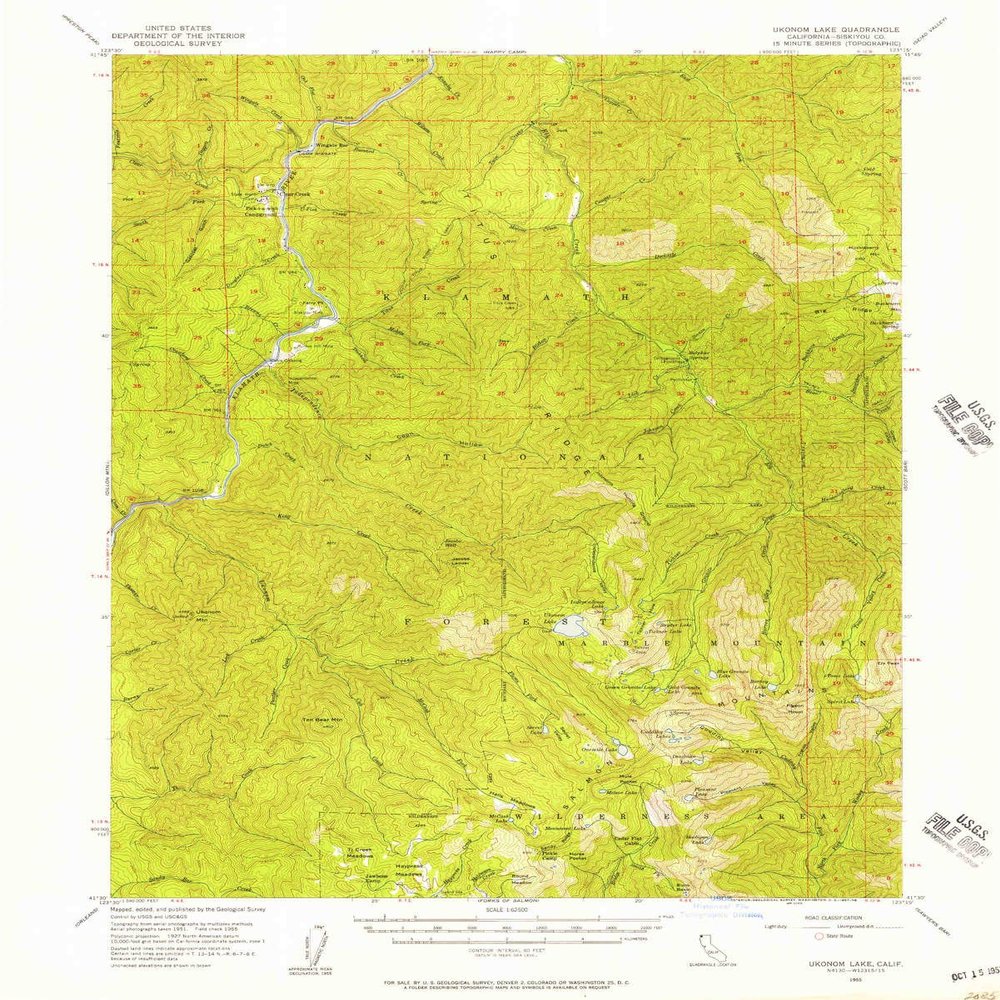 YellowMaps Ukonom Lake CA topo map, 1:62500 Scale, 15 X 15 Minute, Historical, 1955, Updated 1957, 20.8 x 16.6 in - Tyvek