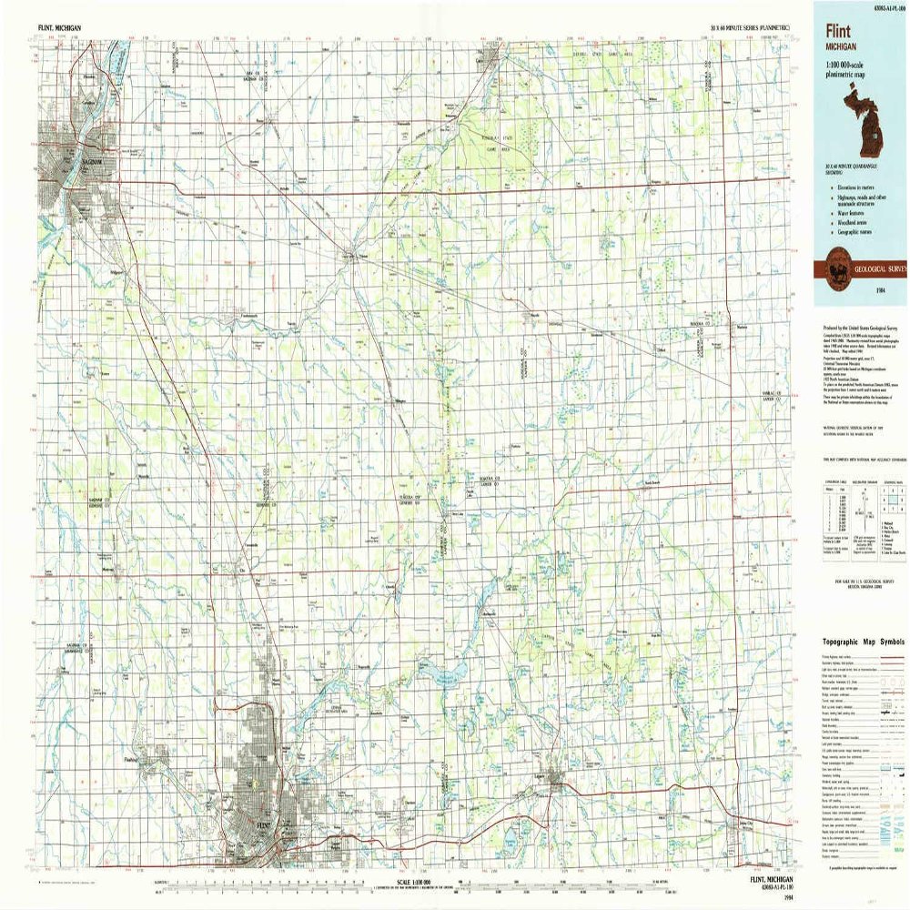 YellowMaps Flint MI topo map, 1:100000 Scale, 30 X 60 Minute, Historical, 1984, Updated 1985, 24.1 x 38.6 in - Polypropylene