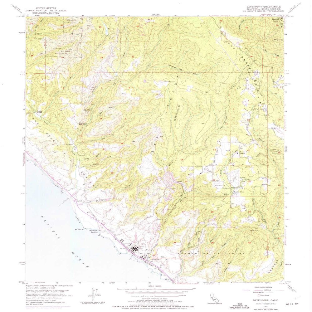 YellowMaps Davenport CA topo map, 1:24000 Scale, 7.5 X 7.5 Minute, Historical, 1955, Updated 1975, 26.8 x 22 in - Polypropylene