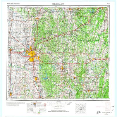 YellowMaps Oklahoma City OK topo map, 1:250000 Scale, 1 X 2 Degree, Historical, 1957, Updated 1974, 22.5 x 33.3 in - Tyvek