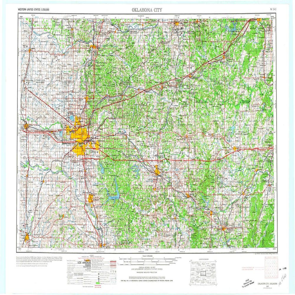 YellowMaps Oklahoma City OK topo map, 1:250000 Scale, 1 X 2 Degree, Historical, 1957, Updated 1974, 22.5 x 33.3 in - Tyvek