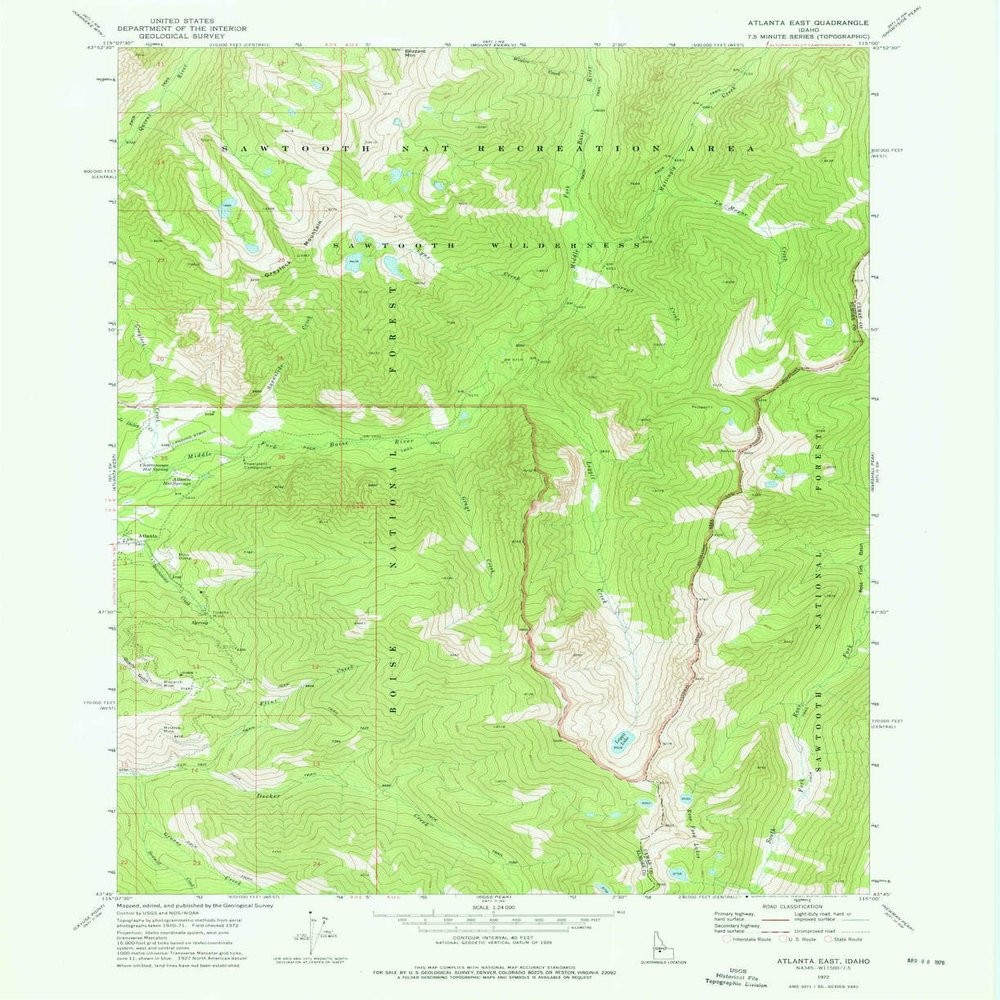 YellowMaps Atlanta East ID topo map, 1:24000 Scale, 7.5 X 7.5 Minute, Historical, 1972, Updated 1976, 26.9 x 21.9 in - Polypropylene