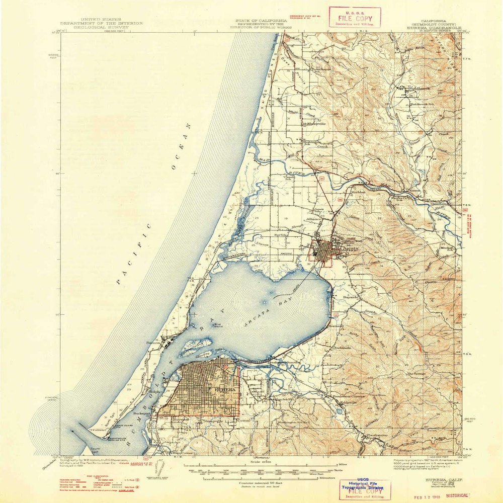 YellowMaps Eureka CA topo map, 1:62500 Scale, 15 X 15 Minute, Historical, 1942, Updated 1948, 20.8 x 16.6 in - Tyvek