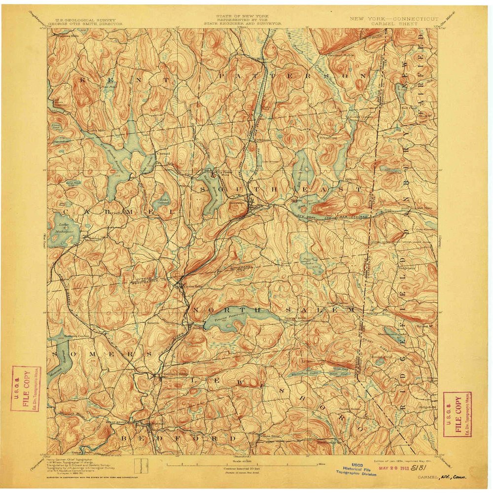 YellowMaps Carmel NY topo map, 1:62500 Scale, 15 X 15 Minute, Historical, 1894, Updated 1911, 20.1 x 16.6 in - Polypropylene