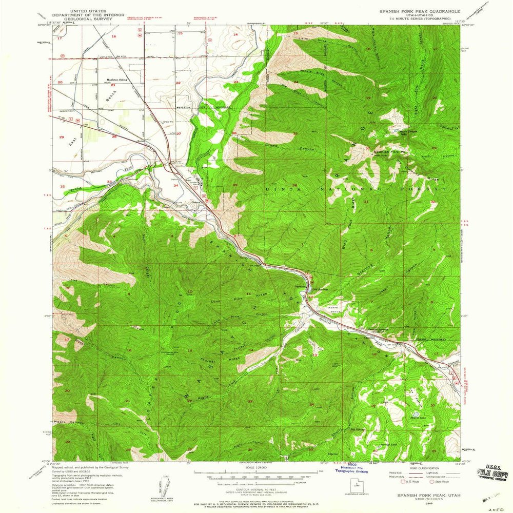 YellowMaps Spanish Fork Peak UT topo map, 1:24000 Scale, 7.5 X 7.5 Minute, Historical, 1949, Updated 1960, 26.8 x 22 in - Tyvek
