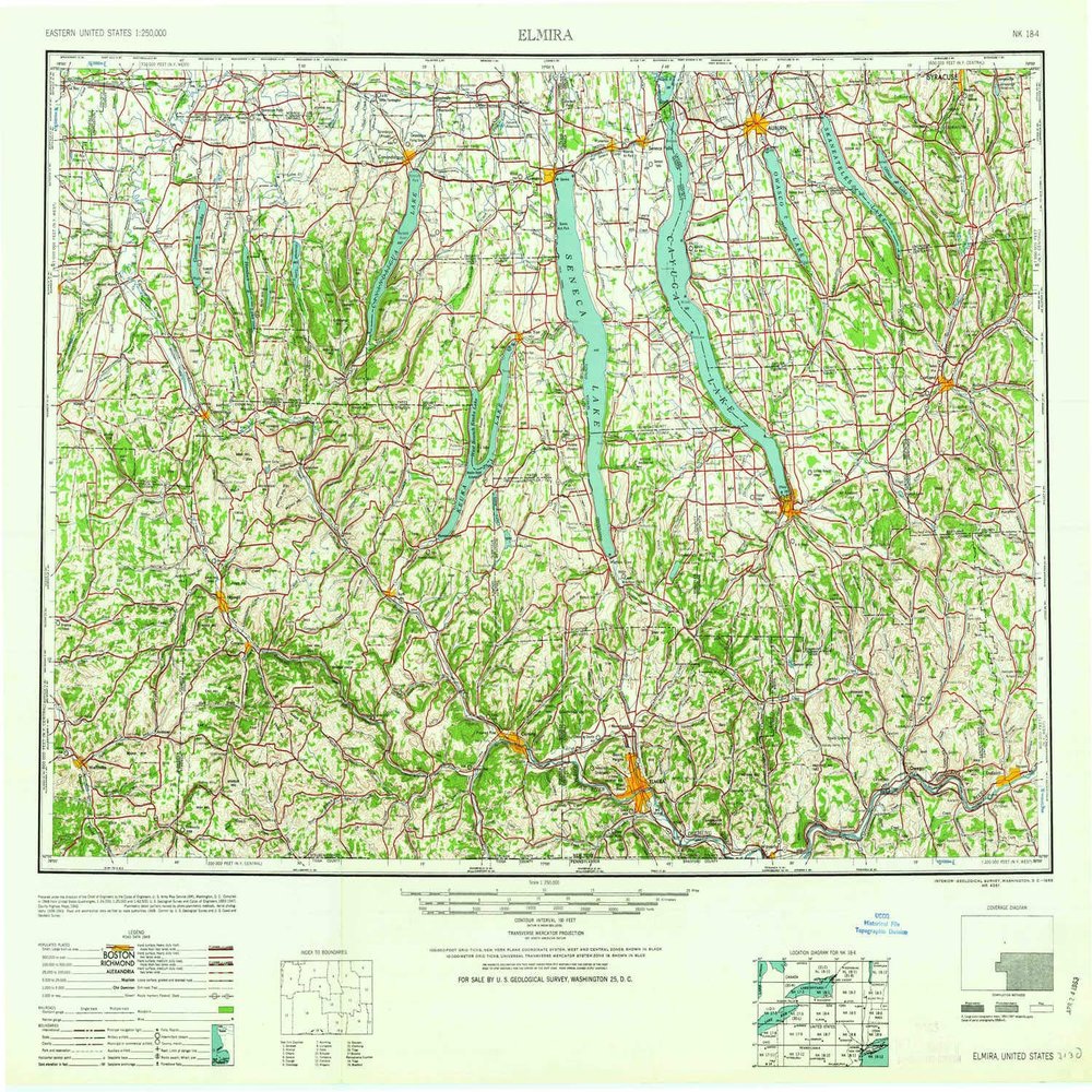 YellowMaps Elmira NY topo map, 1:250000 Scale, 1 X 2 Degree, Historical, 1958, 24.2 x 29.1 in - Tyvek