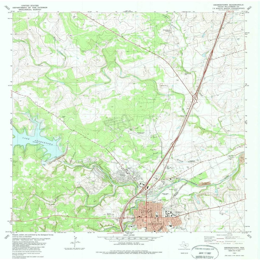 YellowMaps Georgetown TX topo map, 1:24000 Scale, 7.5 X 7.5 Minute, Historical, 1982, Updated 1987, 27.1 x 22.1 in - Polypropylene