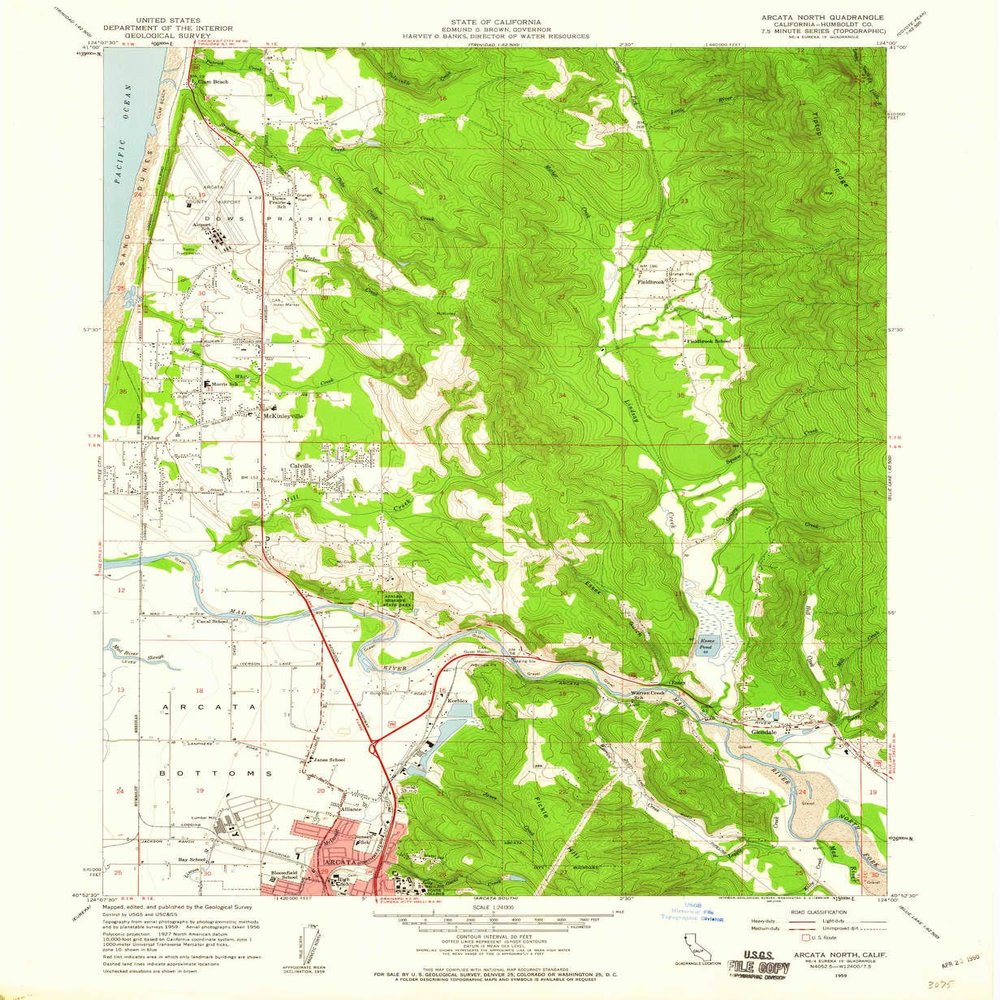 YellowMaps Arcata North CA topo map, 1:24000 Scale, 7.5 X 7.5 Minute, Historical, 1959, Updated 1960, 26.8 x 22 in - Polypropylene