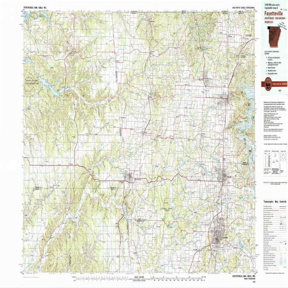 YellowMaps Fayetteville AR topo map, 1:100000 Scale, 30 X 60 Minute, Historical, 1979, Updated 1980, 24.1 x 44 in - Polypropylene