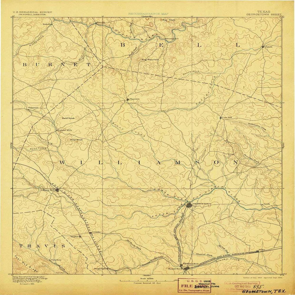 YellowMaps Georgetown TX topo map, 1:125000 Scale, 30 X 30 Minute, Historical, 1893, Updated 1905, 20 x 16.5 in - Tyvek
