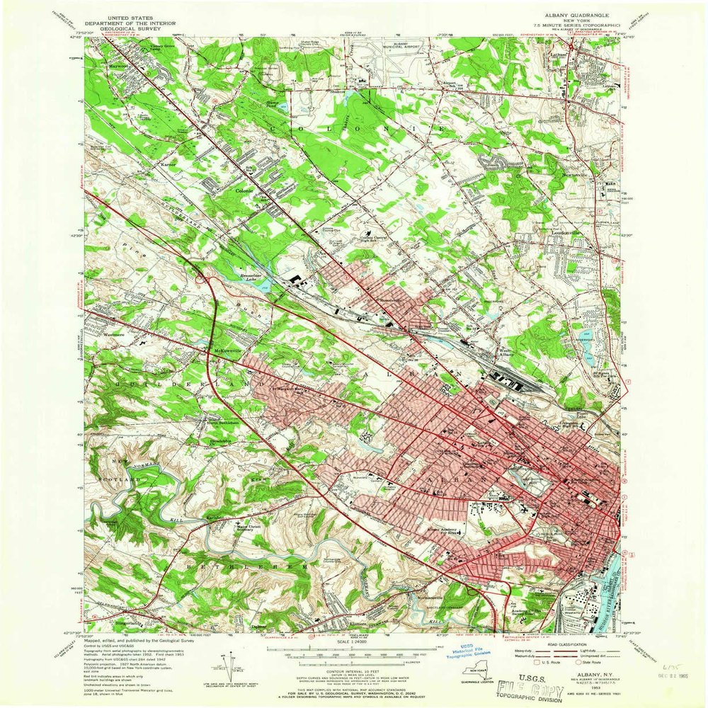 YellowMaps Albany NY topo map, 1:24000 Scale, 7.5 X 7.5 Minute, Historical, 1953, Updated 1965, 26.9 x 22.1 in - Polypropylene