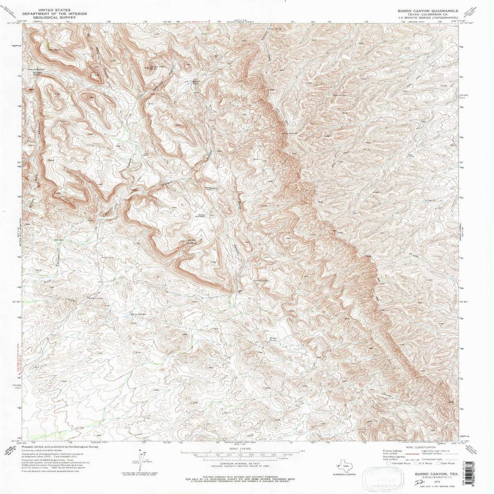 YellowMaps Burro Canyon TX topo map, 1:24000 Scale, 7.5 X 7.5 Minute, Historical, 1973, Updated 1976, 27 x 22.1 in - Tyvek