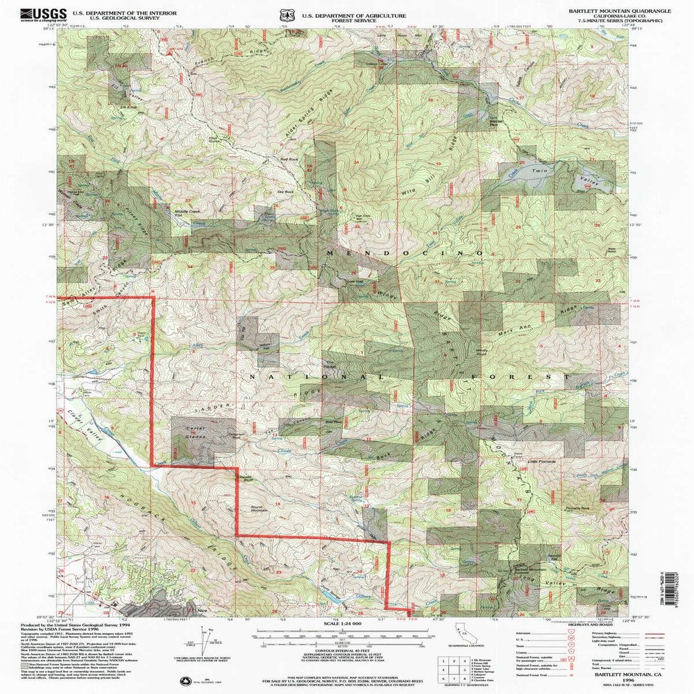 YellowMaps Bartlett Mountain CA topo map, 1:24000 Scale, 7.5 X 7.5 Minute, Historical, 1996, Updated 2001, 26.7 x 21.4 in - Tyvek