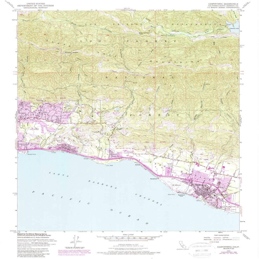 YellowMaps Carpinteria CA topo map, 1:24000 Scale, 7.5 X 7.5 Minute, Historical, 1952, Updated 1989, 26.8 x 22 in - Tyvek