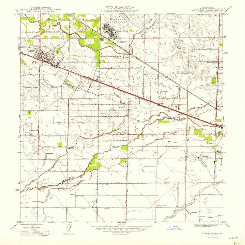 YellowMaps Atwater CA topo map, 1:24000 Scale, 7.5 X 7.5 Minute, Historical, 1948, 26.9 x 22 in - Polypropylene