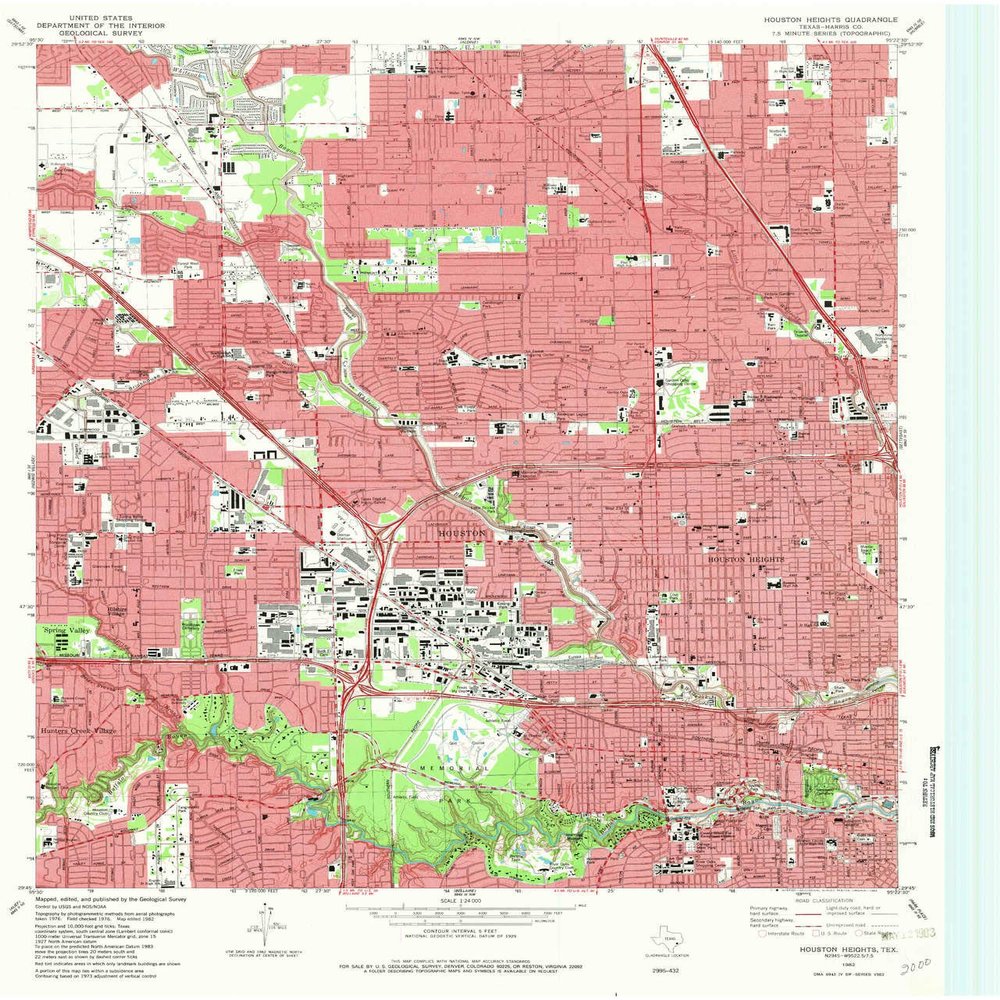 YellowMaps Houston Heights TX topo map, 1:24000 Scale, 7.5 X 7.5 Minute, Historical, 1982, Updated 1983, 27.1 x 23.2 in - Tyvek