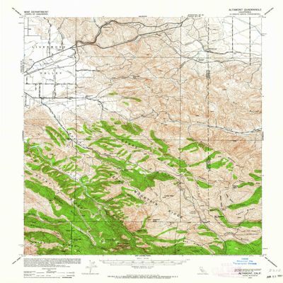 YellowMaps Altamont CA topo map, 1:62500 Scale, 15 X 15 Minute, Historical, 1942, Updated 1964, 20.8 x 16.6 in - Polypropylene