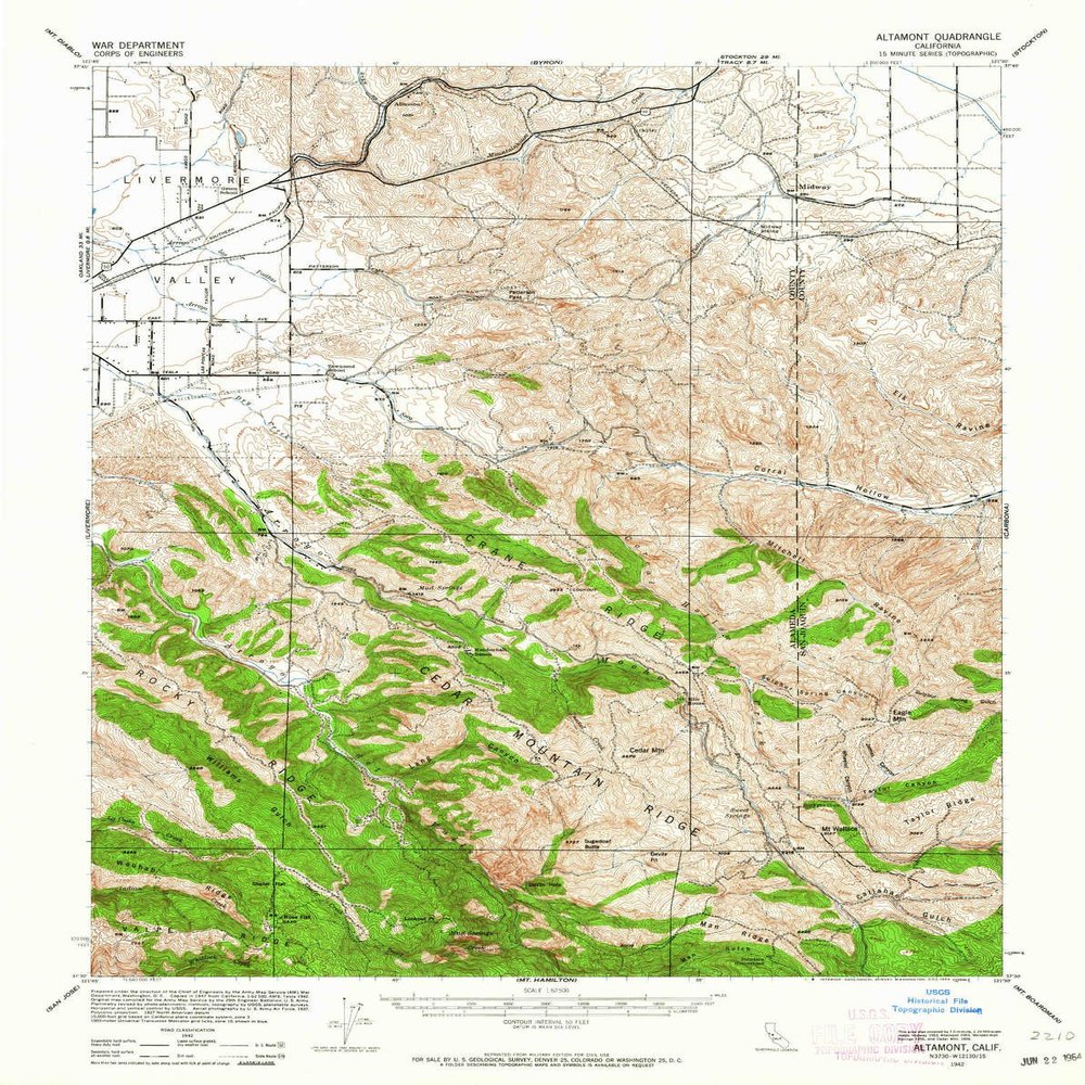 YellowMaps Altamont CA topo map, 1:62500 Scale, 15 X 15 Minute, Historical, 1942, Updated 1964, 20.8 x 16.6 in - Polypropylene